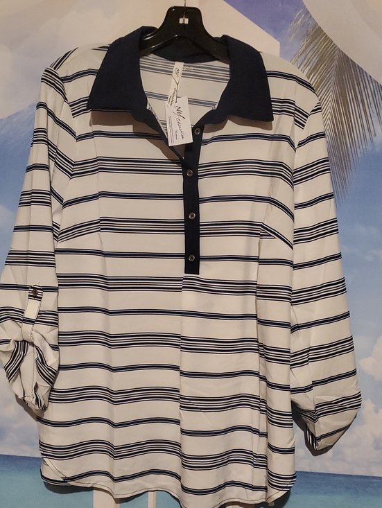 NY Collection Tops - NY Collection White & Navy Striped Button-Down Polo Shirt